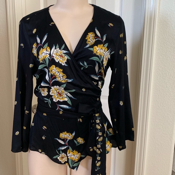 Zara Tops - ZARA Black&Yellow Floral Print Wrap Blouse